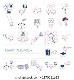 Heart tales volume 4, Vector concept illustrations set of heart in different funny situations | multicolor flat design linear icons set and infographic red and blue on white background