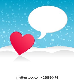 Heart talk bubble on winter landscape. Vector background for text.