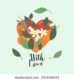 Heart with tangerines in vector. Blossoming tangerines and mandarin fruits in vector. Vector tangerine heart.