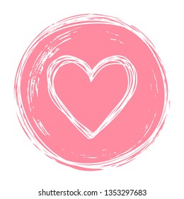 Heart tangled grungy scribble in an ink circle hand drawn with brush. Isolated on white background. Vector illustration