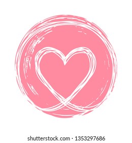 Heart tangled grungy scribble in an ink circle hand drawn with brush. Isolated on white background. Vector illustration