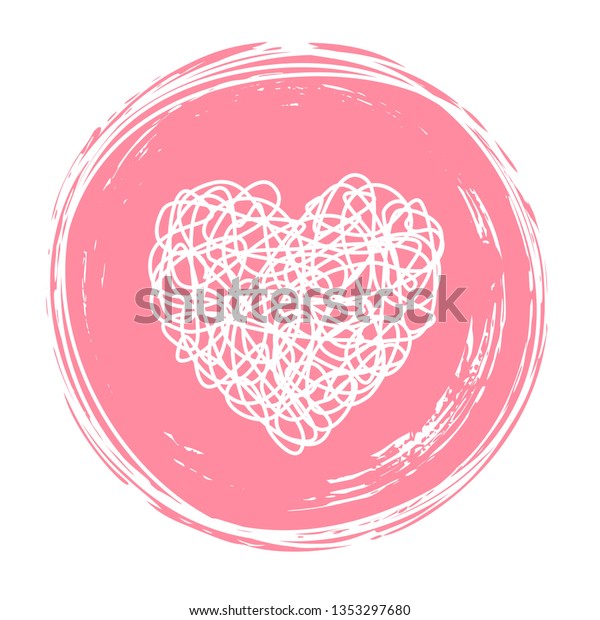 Heart\
tangled grungy scribble in an ink circle hand drawn with brush.\
Isolated on white background. Vector\
illustration