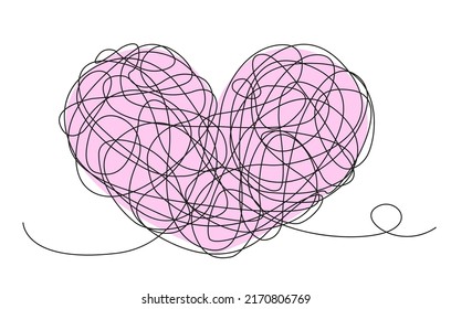 A heart with tangled thoughts inside. Depressed mental state before therapy, brain rethinking everything. Vector illustration for therapist practice, healing, mental healing
