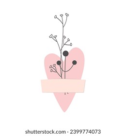 Heart taped with dried plants isolated on white background. Healed heart concept. Vector illustration.