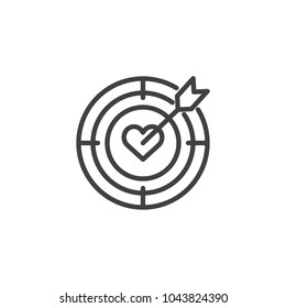 Heart target aim with arrow outline icon. linear style sign for mobile concept and web design. Dart Hitting A Target with heart simple line vector icon. Symbol, logo illustration