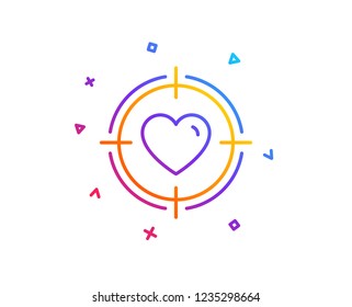 Heart in Target aim line icon. Love dating symbol. Valentines day sign. Gradient line button. Valentine target icon design. Colorful geometric shapes. Vector