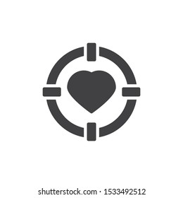 Heart in Target aim vector icon. filled flat sign for mobile concept and web design. Love focus glyph icon. Symbol, logo illustration. Vector graphics