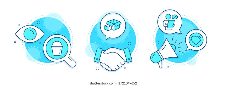 Heart target, Customer survey and Packing boxes line icons set. Handshake deal, research and promotion complex icons. Bucket sign. Love aim, Contract, Delivery package. Washing equipment. Vector