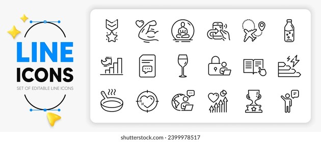 Heart target, Frying pan and Winner medal line icons set for app include Wine glass, Airplane, Winner cup outline thin icon. Lock, Yoga, Growth chart pictogram icon. Outsource work. Vector