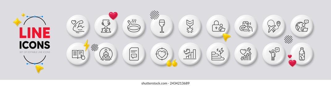 Heart target, Frying pan and Winner medal line icons. White buttons 3d icons. Pack of Wine glass, Airplane, Winner cup icon. Lock, Yoga, Growth chart pictogram. Vector