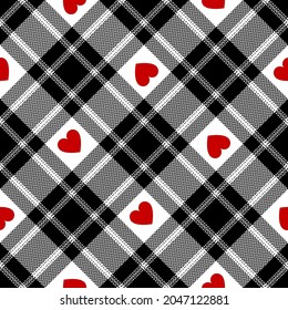 Heart tartan check plaid pattern vector in black, red, white. Seamless dark bright Valentines Day plaid for skirt, flannel shirt, scarf, other modern spring autumn winter fashion textile design.