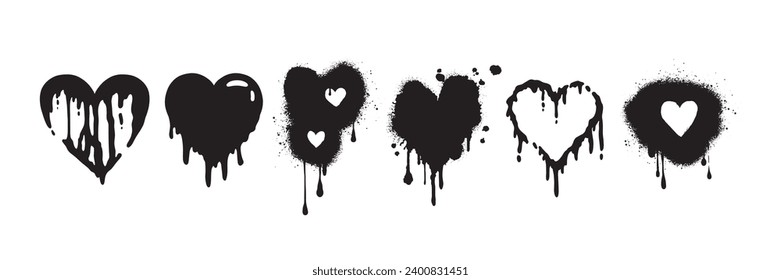 Heart tattoo emo sticker set, vector gothic graffiti love icon kit, black Valentine Day girly print. Liquid romantic silhouette, rock dripping romance sign, splash drops. Heart tattoo y2k collection