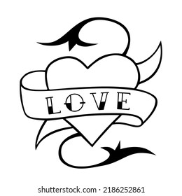 Heart Tattoo with floral elements and ribbon with lettering True Love. Old school style Tattoo. Vector illustration.