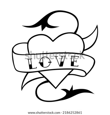 Heart Tattoo with floral elements and ribbon with lettering True Love. Old school style Tattoo. Vector illustration.