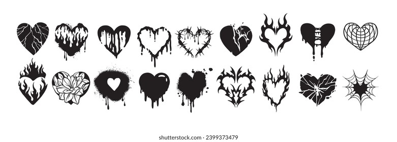 Heart tattoo gothic set, graffiti rock flame shape kit, vector u2k abstract love logo concept. Valentine punk retro sticker collection, neotribal web goth decoration. Dripping heart tattoo prints svg
