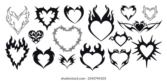 Tatuaje de corazón. Corazones en llamas pegatinas negras. Símbolos de estilo gótico, Elementos de fuego de roca. Iconos del amor de la vendimia del día de San Valentín, Clipart de Vector picante tribal