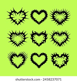 Heart tattoo Neo tribal set, vector gothic rock flame shape kit, u2k abstract love logo concept. Valentine punk retro sticker collection, neotribal web goth decoration. Stylised heart tattoo prints