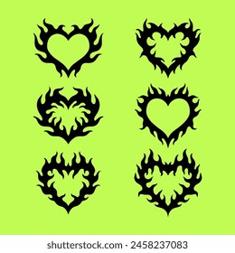 Heart tattoo Neo tribal set, vector gothic rock flame shape kit, u2k abstract love logo concept. Valentine punk retro sticker collection, neotribal web goth decoration. Stylised heart tattoo prints