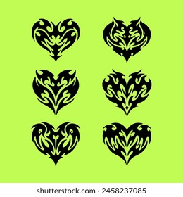 Heart tattoo Neo tribal set, vector gothic rock flame shape kit, u2k abstract love logo concept. Valentine punk retro sticker collection, neotribal web goth decoration. Stylised heart tattoo prints