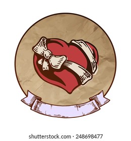 Heart tattoo with ribbon. Place to insert your text. Color vector illustration