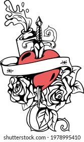 Heart tattoo stuck knife with ribbon and flowers. Old school retro vector illustration.