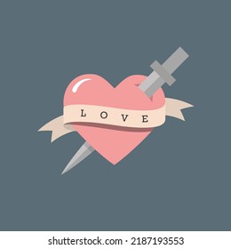 Heart tattoo style with text love on banner. Dagger in the heart