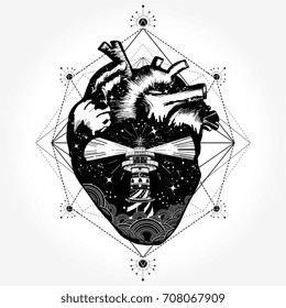 Heart tattoo and t-shirt design. Symbol of travel and love vector 