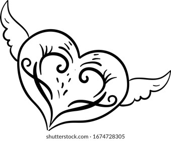 Heart tattoo wings, illustration, vector on white background.