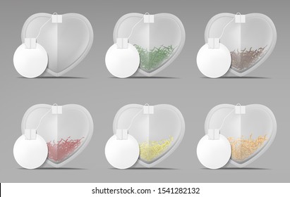 Heart tea bags with blank round tags set isolated on grey background, mockup teabags, empty, green, red and yellow dry herbs in packages mock up elements. Realistic 3d vector illustration, clip art