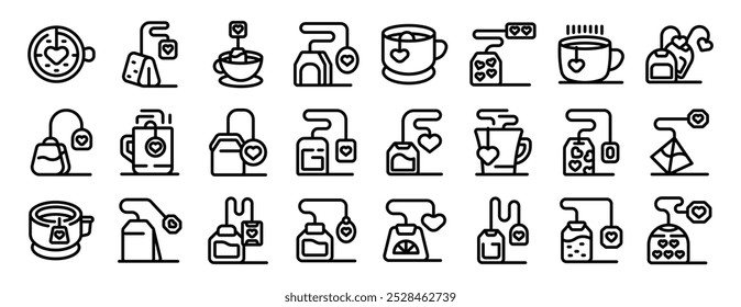 Heart tea bags icons set. Tea bag romantic love icon set. Outline set of tea bag romantic love vector icons for web design isolated on white background