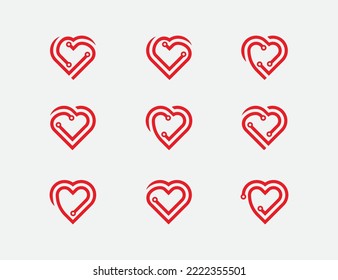 Heart Tech Logo Bundle Set Concept symbol icon sign Element Design. Love Technology Logotype. Vector illustration template