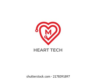 Heart Tech Logo Concept sign icon symbol Design with Letter M. Medical Tech Logo. Vector illustration logo template
