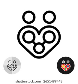 Heart tech logo with two people figures. Love chemistry with molecular structure inside symbol. Relationship artificial boost icon. Editable stroke.