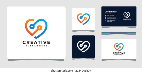 Heart Technology Logo Template With Business Card Design Inspiration