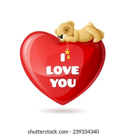 Heart and teddy bear isolated on white background. I love you. Valentine card. Vector illustration.