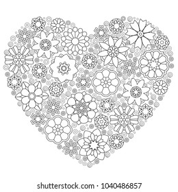 Heart template with abstract lace floral pattern in paper laser cut out style. Coloring Page for adult colouring book. Freehand sketch drawing with doodle and zentangle elements.