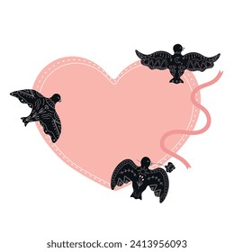 Heart template decorated with black hand drawn dove silhouettes drawing in boho style. Heart with blank space decorated black birds with white ornament and floral arrangement. Vector illustration