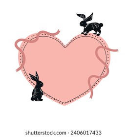 Heart template decorated with black rabbit silhouettes drawn in boho style and ribbons. Heart shape with blank space. Black rabbits with white ornament and botanical elements. Vector illustration