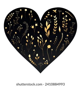 Heart template decorated with gold colored plants. Heart with blank space and floral arrangement. Vector illustration