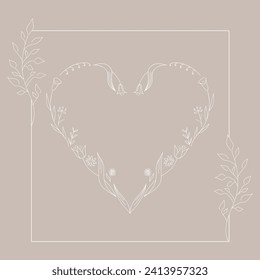 Plantilla cardíaca hecha de flores dibujadas a mano y plantas. Corazón con elementos botánicos al estilo boho. Ilustración del vector