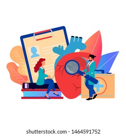 Heart tests or Cardiology diagnostics concept. Tiny People Character Concept. Concept of medical examination of the heart. Vector illustration can use for banner, background, card, and web landing pag
