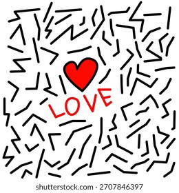 Heart and “LOVE” text with bold abstract line pattern. A playful romantic illustration perfect for Valentine themes, modern designs, and expressive graphic art.