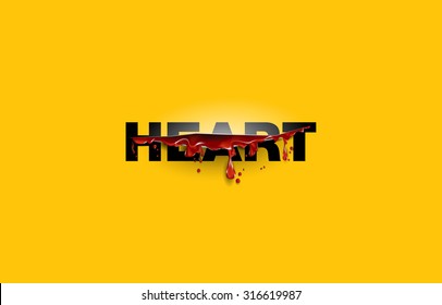 Heart. text cut with the blood template. Yellow background