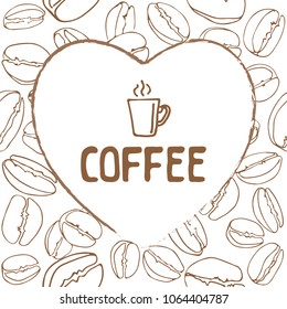 Heart text frame isolated on coffee beans background. Design element for cafe menu or coffee shops.