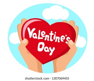 Heart with text in hand, logo on a white. Valentines day