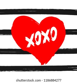 Heart with text Xoxo on striped background painted with watercolour brush. Sketch, watercolor, ink, graffiti. Cute romantic vector illustration. White, black, red.