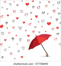 Heart texture. Romantic date card with  hearts set. Rain of heart with umbrella. Love pattern for greeting card background. 