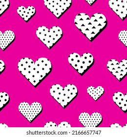 Heart textured polka dot and stars. Pop art style seamless pattern. Decorative hearts on pink, love romantic retro vector print