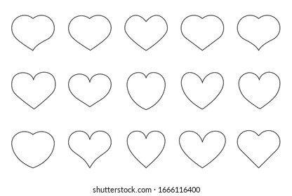 Heart thin black line icon set. Abstract different shape romantic symbol Valentines Day. Empty frame love decorative element template for wedding invitation card. Isolated on white vector illustration