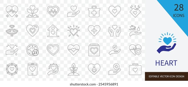 Heart thin line icon set. containing volunteer, organ, heart, life, heartbeat, popular, caring, gift and more stroke illustration